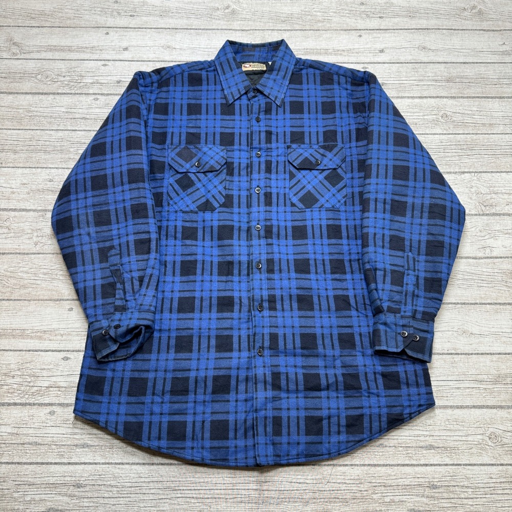 90s Sports Afield Shirt Jacket Men's XLT Blue Plaid Flannel Quilted Button Down
